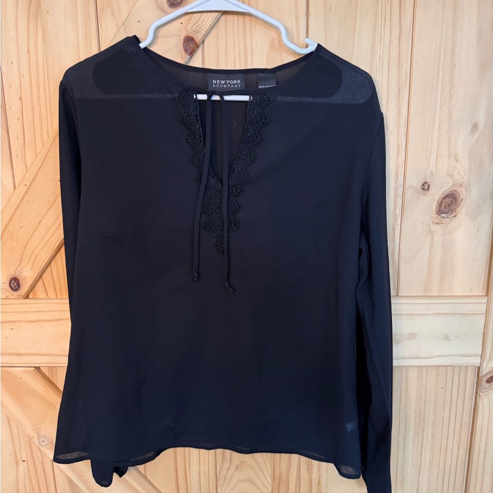 New York & Company Black Blouse with Lace Detail